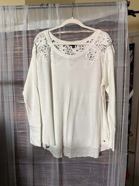American Eagle Women's White Waffle Knit Thermal Top with Crochet Lace Yoke